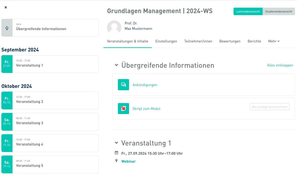 Custom Kursformat mit Anbindung an Campus Management System inkl. Terminen